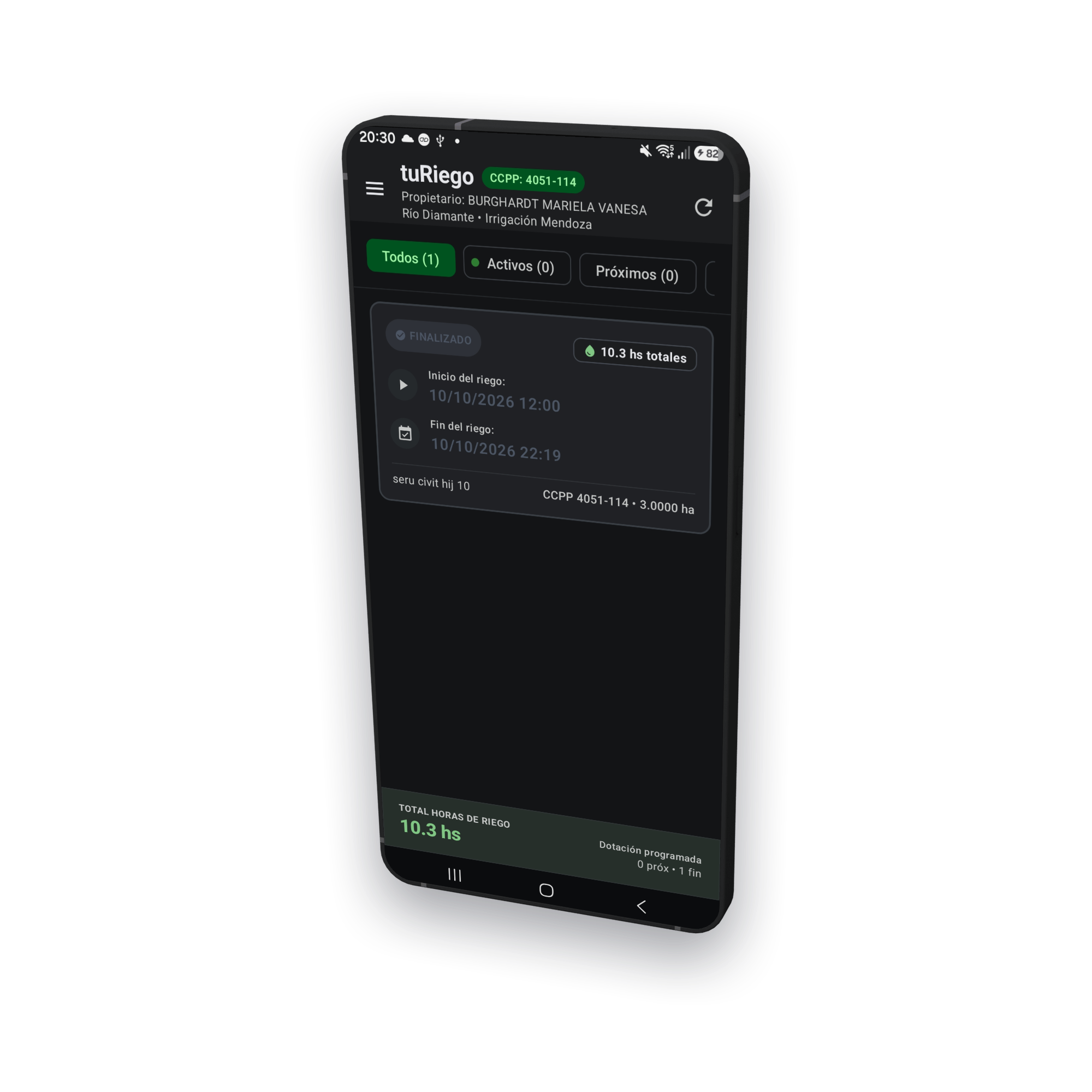 Pantalla principal de tuRiego con la lista de turnos