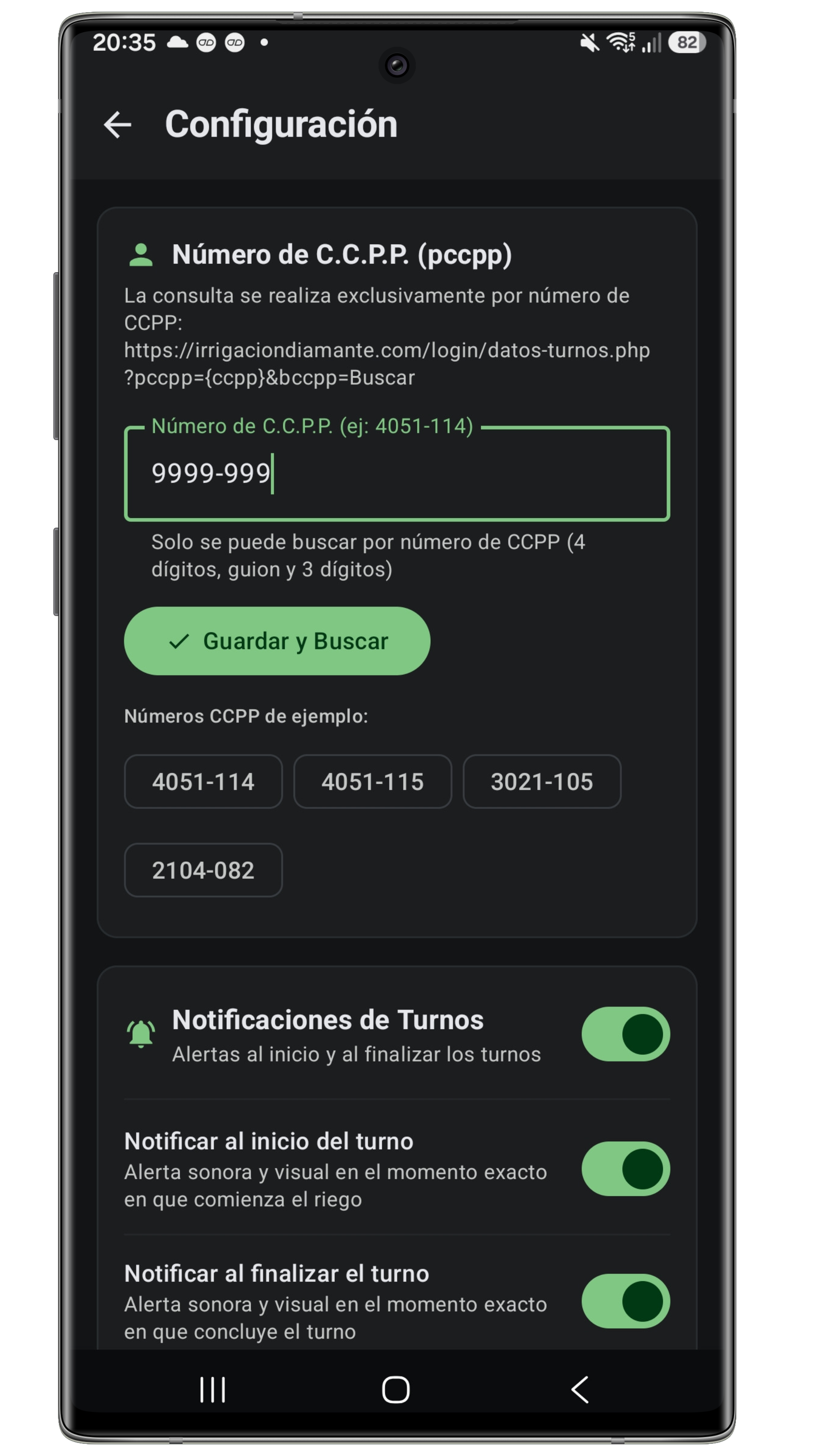 Pantalla de configuración